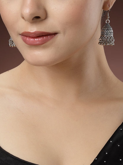 Women's Set Of 3 Silver-Toned German Silver Oxidised Dome Shaped Jhumka Earrings