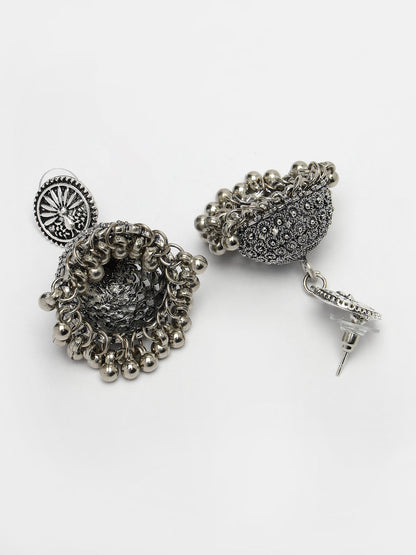 Women's Set Of 3 Silver-Toned German Silver Oxidised Dome Shaped Jhumka Earrings