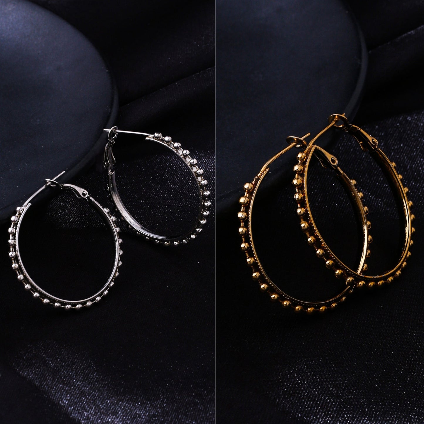 Women's Set Of 2 Gold & Silver Beaded Circular Hoop Earrings