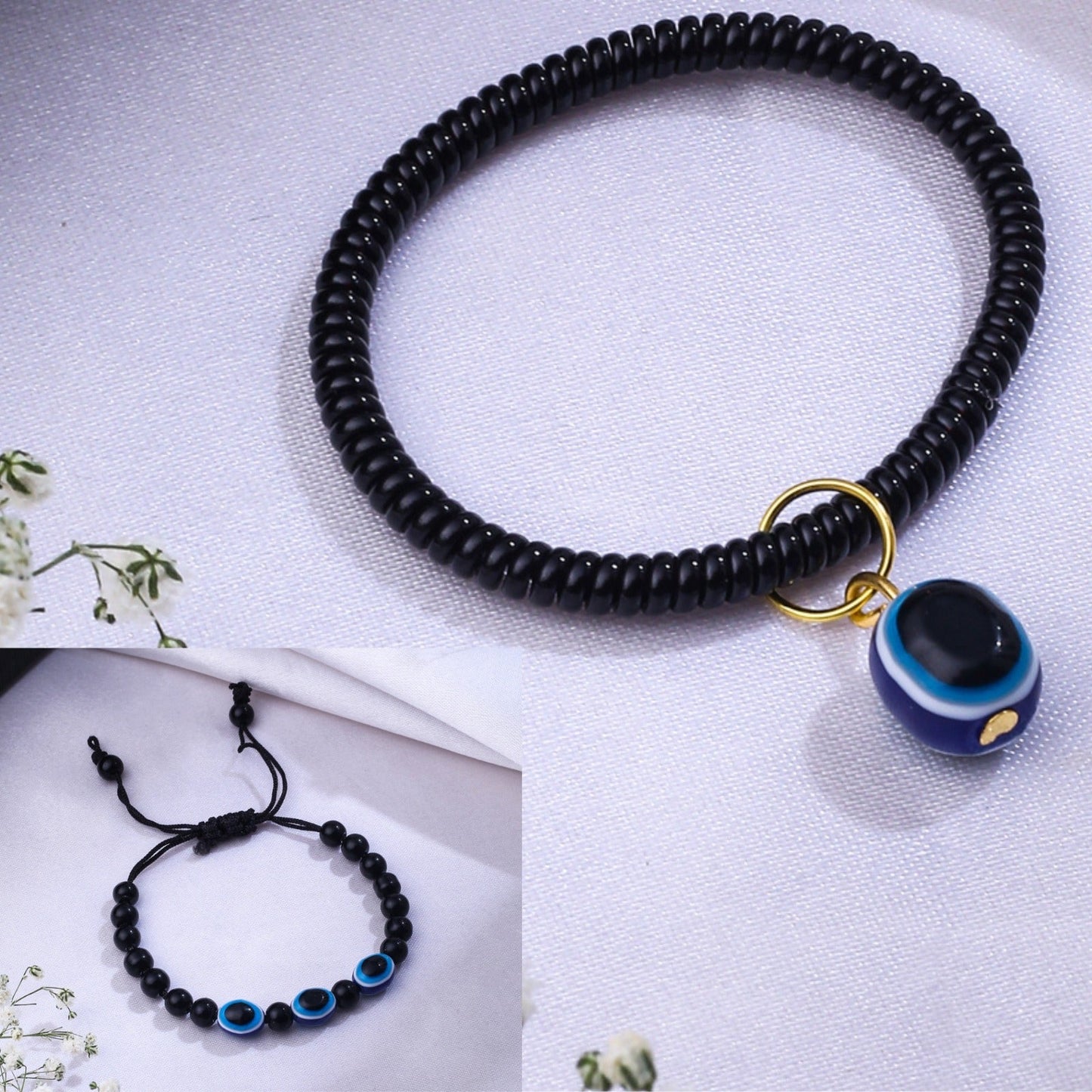 Unisex Set Of 2 Black Evil Eye Bracelet