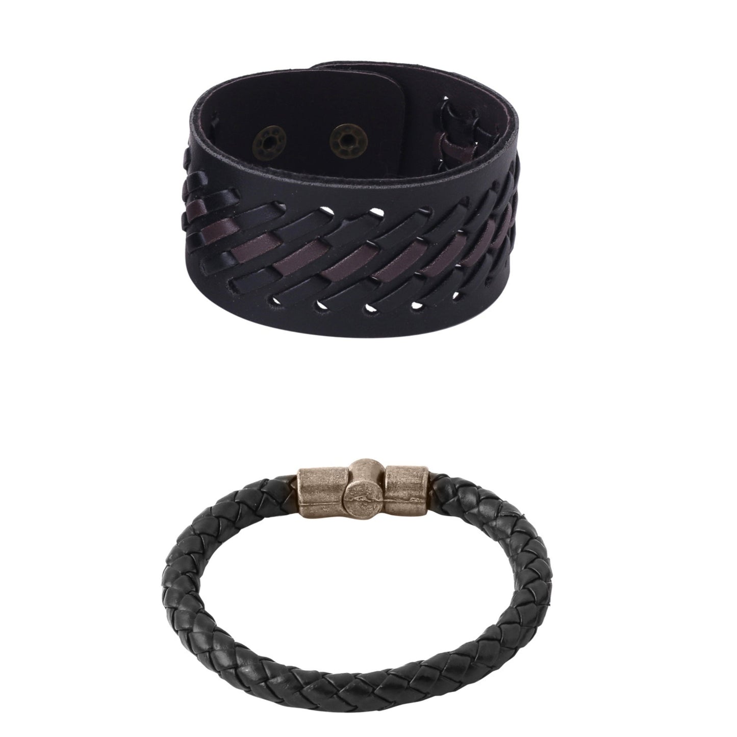 Men's Set Of 2 Black Leather Bracelet