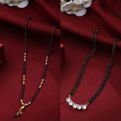 Women's Set Of 2 Black Gold-Plated Beaded Mangalsutra With Ad Stone