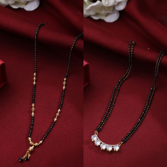 Women's Set Of 2 Black Gold-Plated Beaded Mangalsutra With Ad Stone
