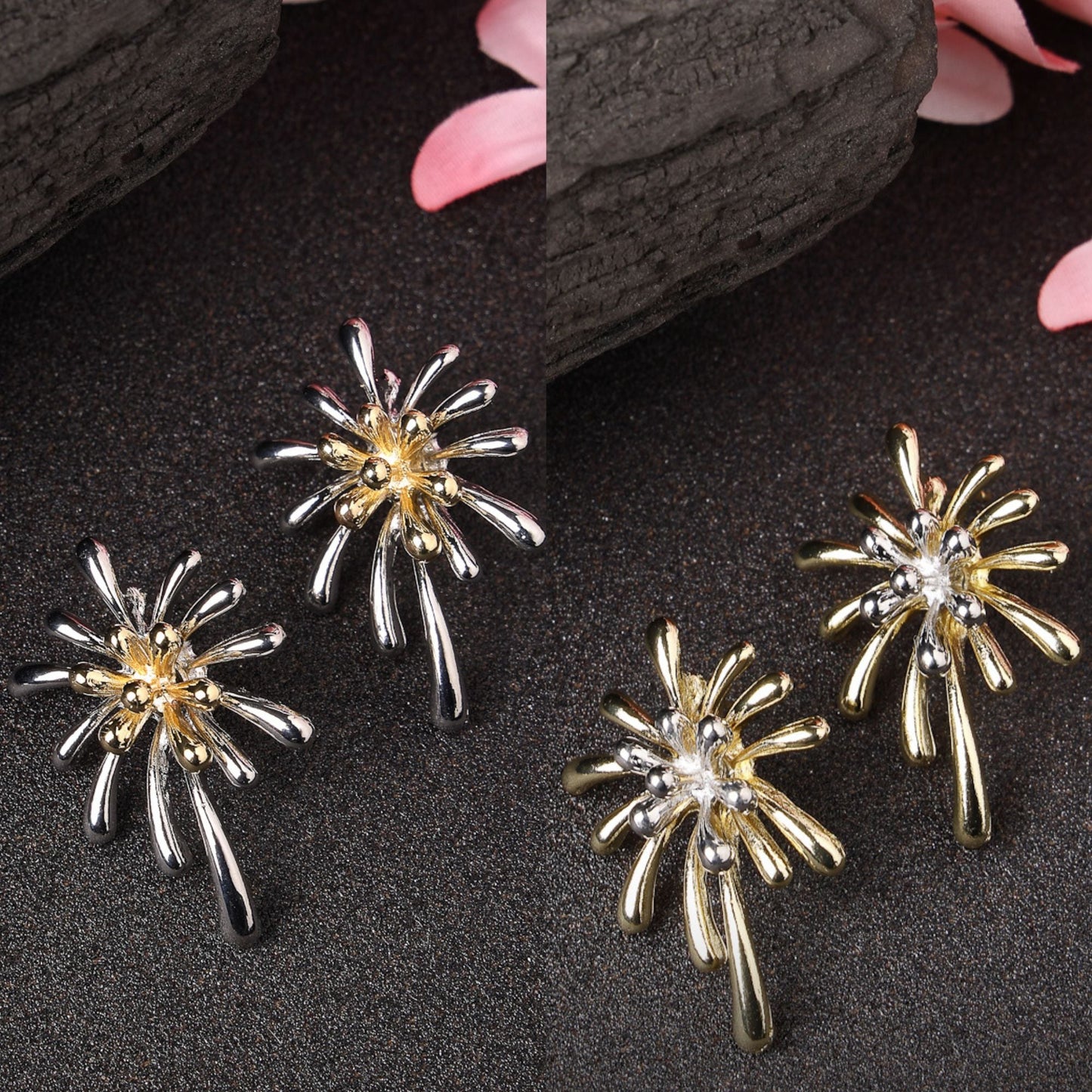 Women's Set Of 2 Silver & Gold Brass-Plated Floral Shape Drop Earrings
