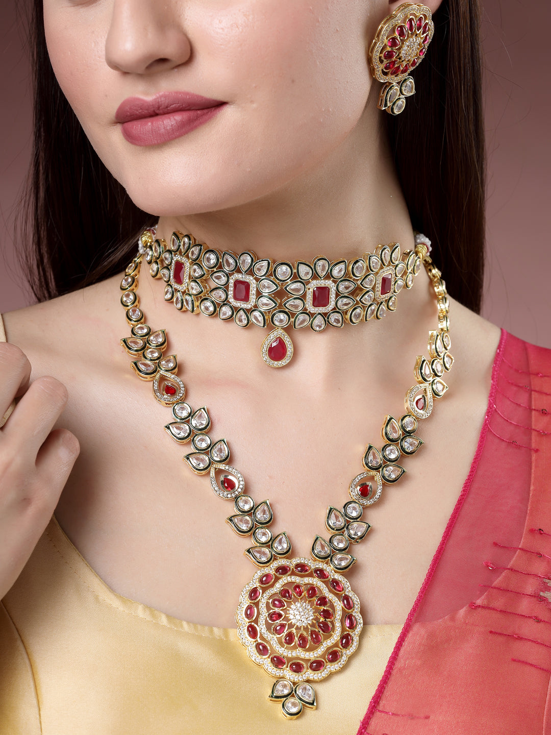 Women's Set Of 2 Red & Gold Kundan Studded Jewellery Set Choker & Long Necklace With Earrings