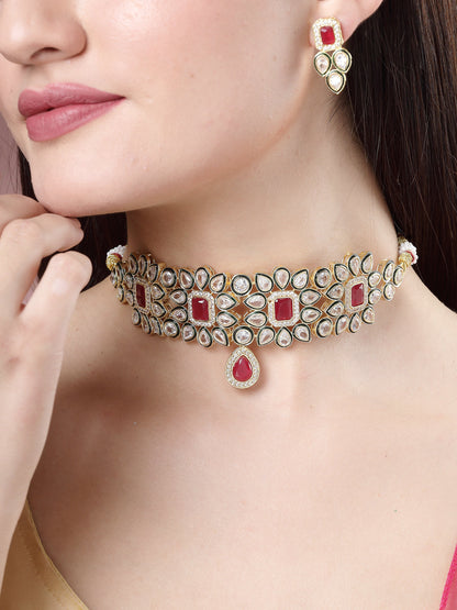 Women's Set Of 2 Red & Gold Kundan Studded Jewellery Set Choker & Long Necklace With Earrings