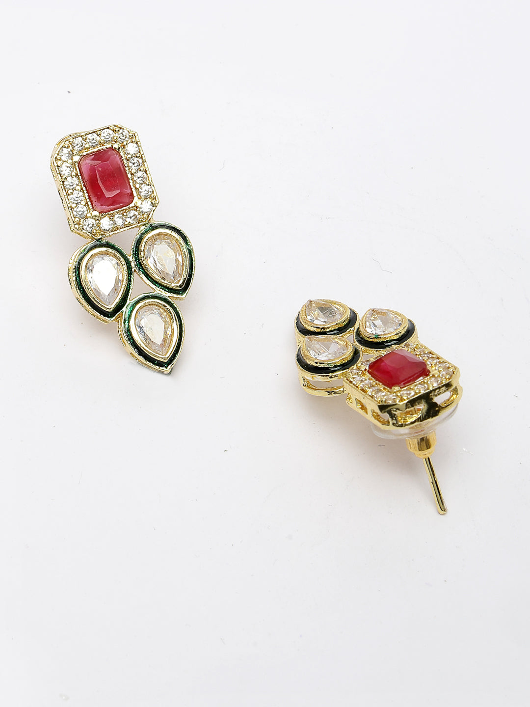 Women's Set Of 2 Red & Gold Kundan Studded Jewellery Set Choker & Long Necklace With Earrings