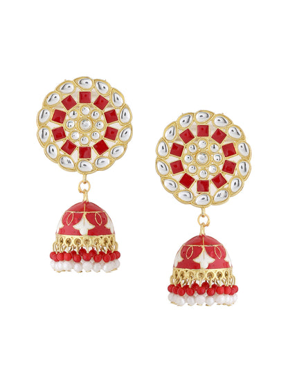 Women's Gold Plated Red Dome Shaped Meenkari Jhumkas Earrings