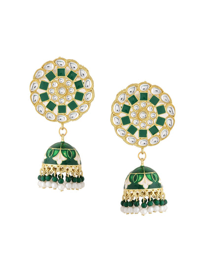 Women's Gold Plated Green Dome Shaped Meenkari Jhumkas Earrings