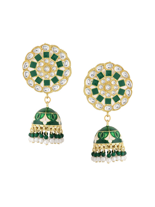 Women's Gold Plated Green Dome Shaped Meenkari Jhumkas Earrings