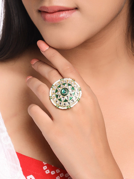 Women's Traditional Kundan Meenakari Gold Plated Ajustable Finger Ring