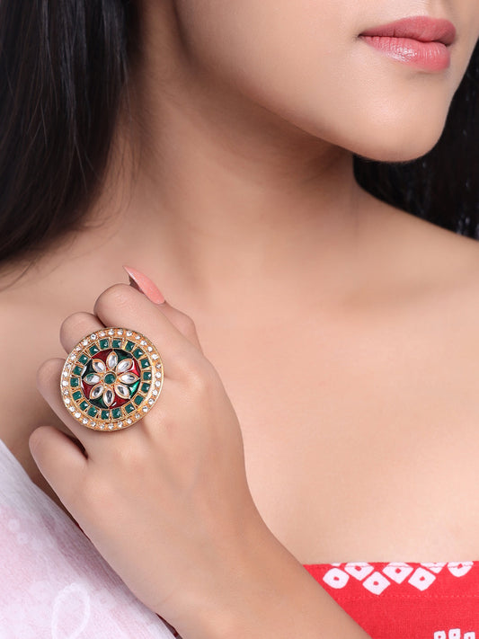 Women's Traditional Kundan Meenakari Gold Plated Ajustable Finger Ring