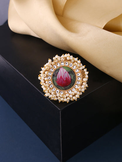 Women's Traditional Ethnic Kundan Meenakari Gold Plated Ajustable Finger Ring
