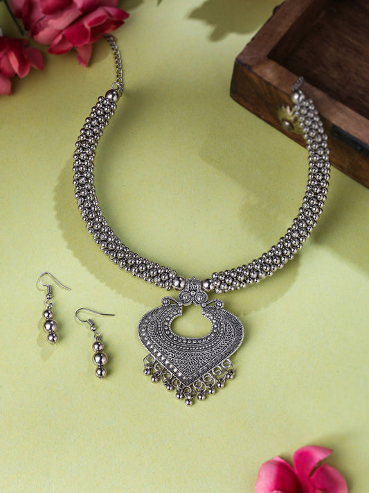 Women's Silver Toned Oxidised jewellery set