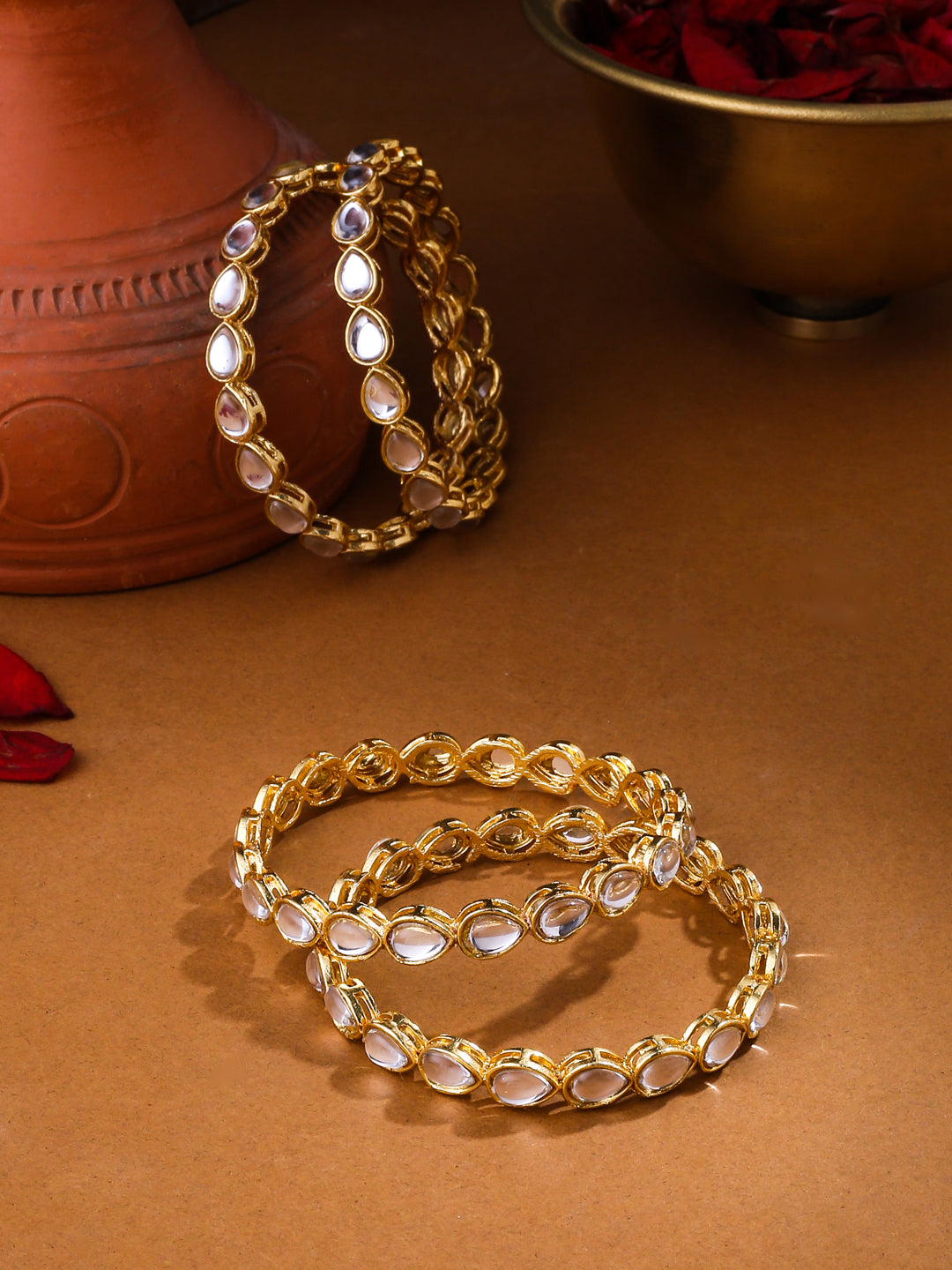 Women's Set Of 2 Gold-Plated Kundan Studded Traditional Bangles