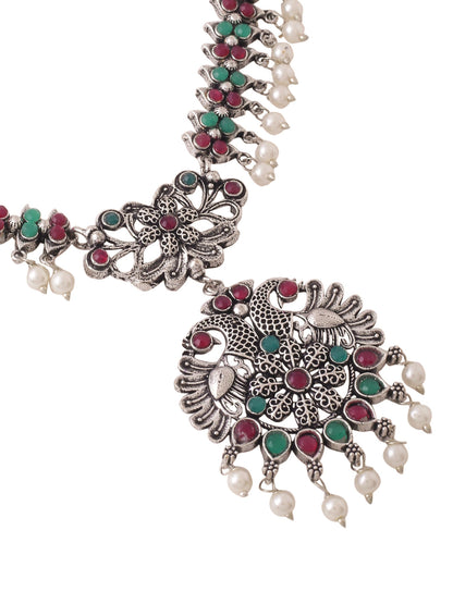 Women's Stone Studded Oxidised Silver Jewellery Set