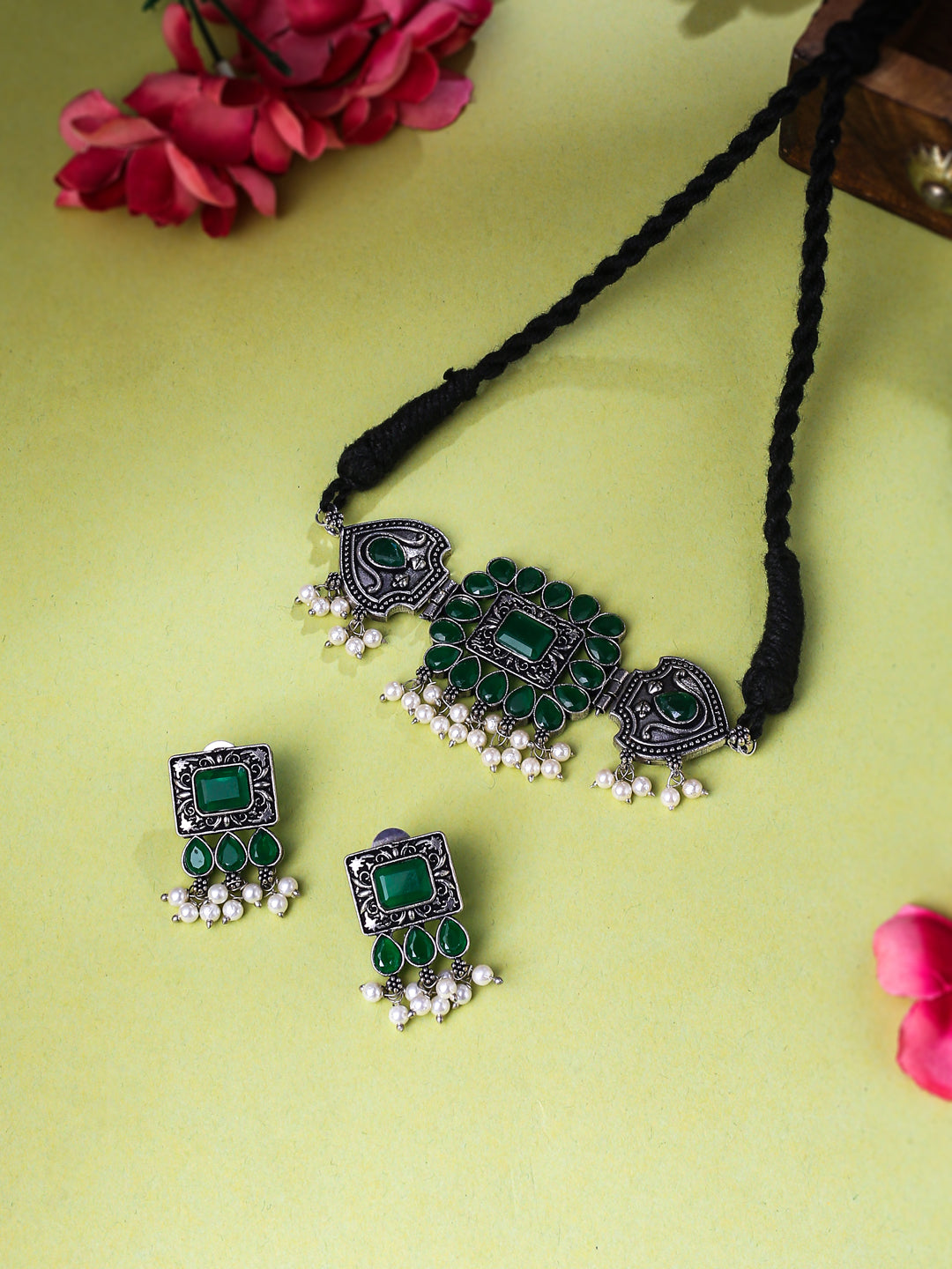 Women's Oxidised Silver Plated Green Color stone Jewellery Set with Earrings