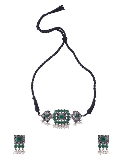 Women's Oxidised Silver Plated Green Color stone Jewellery Set with Earrings