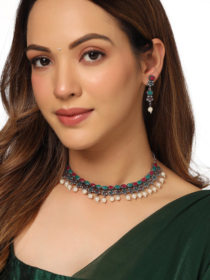 Women's Silver-Plated Stone Studded Oxidised Silver Jewellery Set