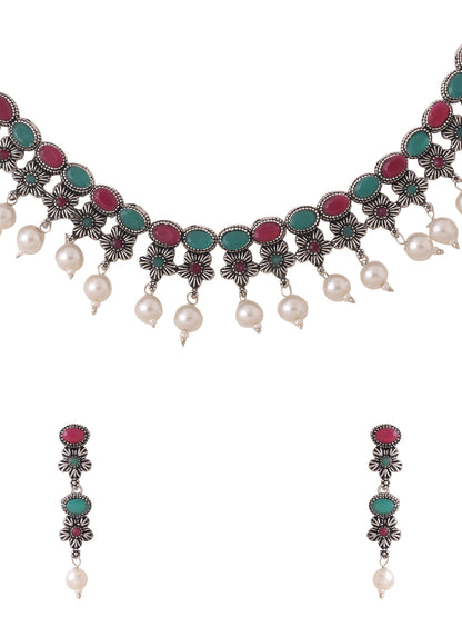 Women's Silver-Plated Stone Studded Oxidised Silver Jewellery Set