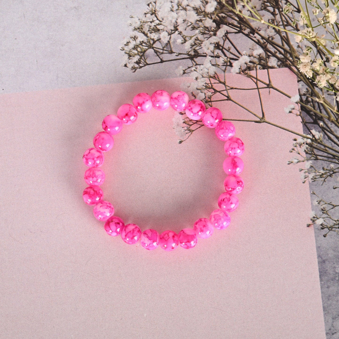 Unisex Pink Marble Crystal Beaded Elasticated Bracelet