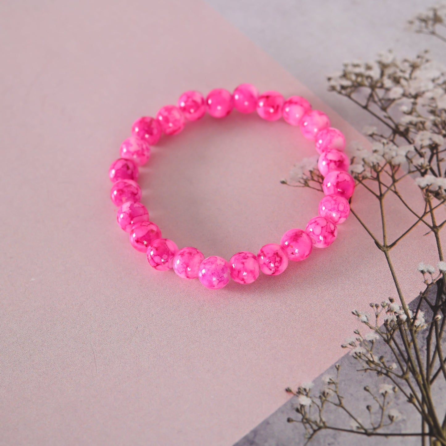 Unisex Pink Marble Crystal Beaded Elasticated Bracelet