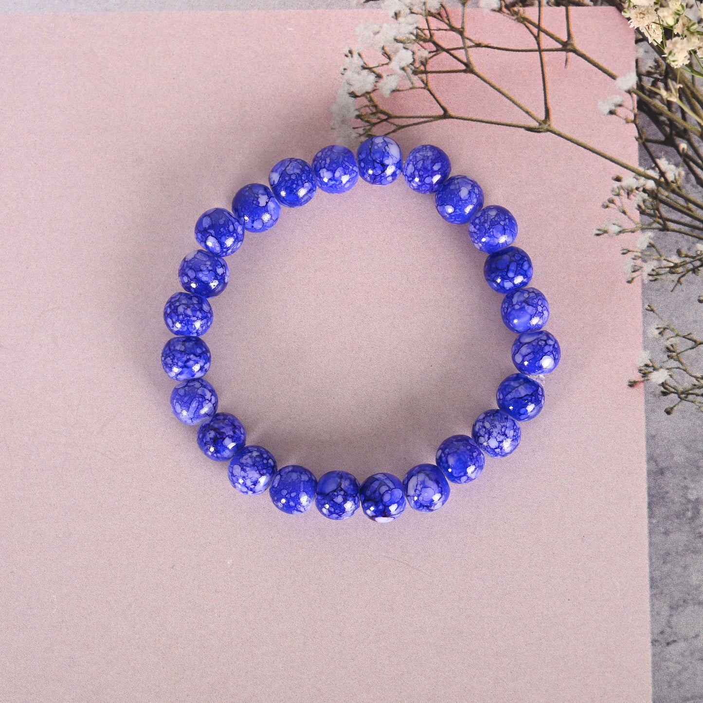 Unisex Blue Marbel Crystal Elasticated Bracelet