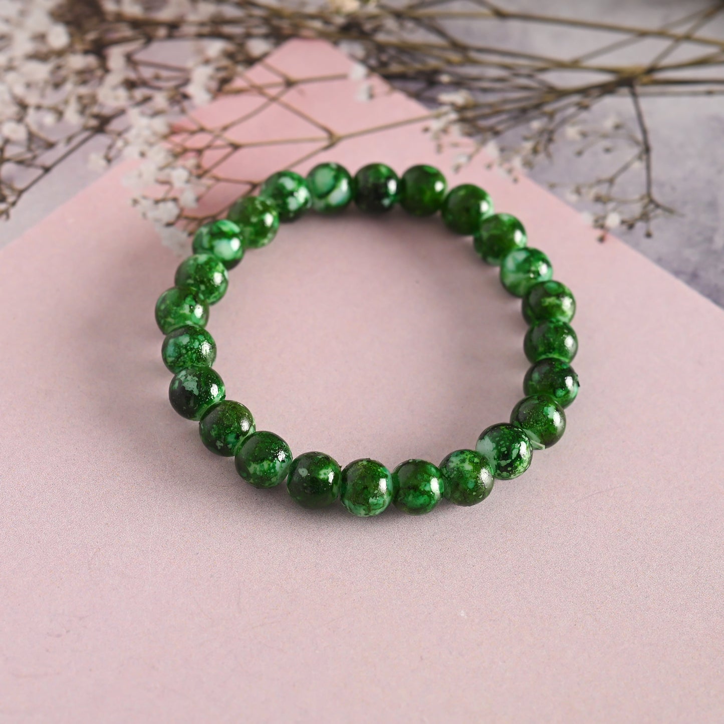 Unisex Green Marble Crystal Beaded Elasticated Bracelet