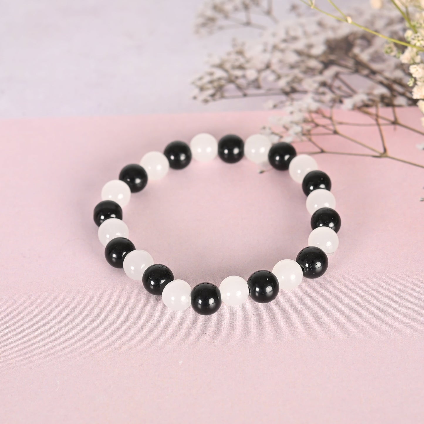 Unisex White Marble Crystal Beaded Elasticated Bracelet