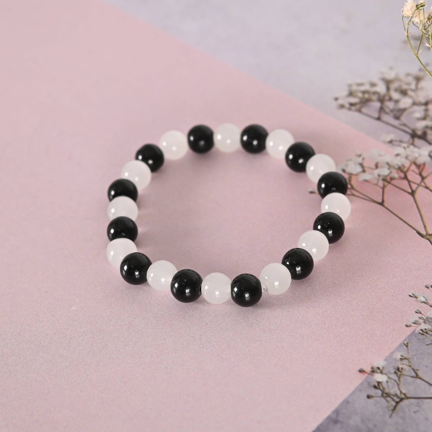 Unisex White Marble Crystal Beaded Elasticated Bracelet
