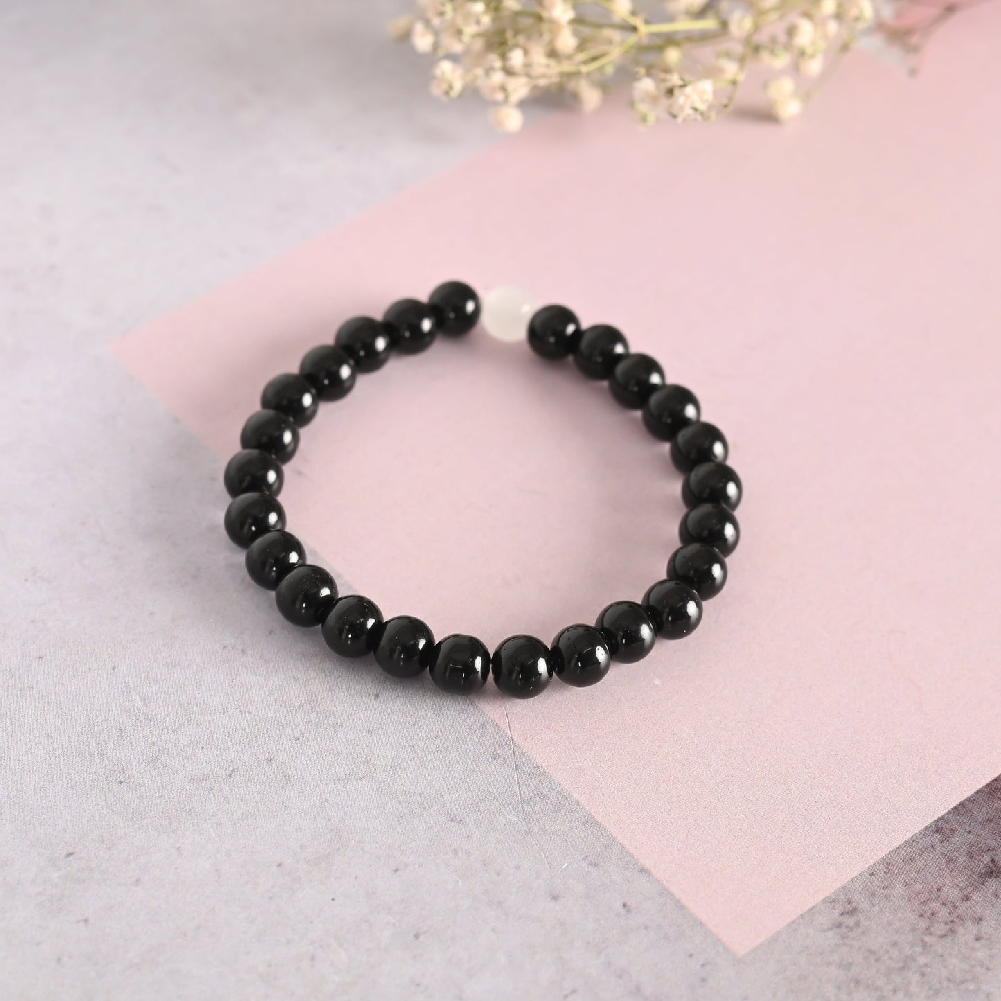 Unisex Black Marble Crystal Beaded Elasticated Bracelet