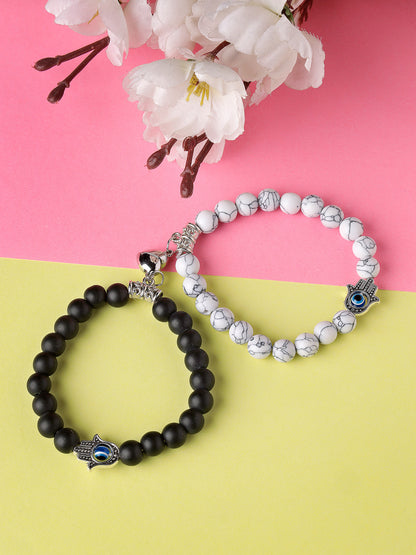 Unisex Set of 2 Black & White Marbel Crystal Bracelet
