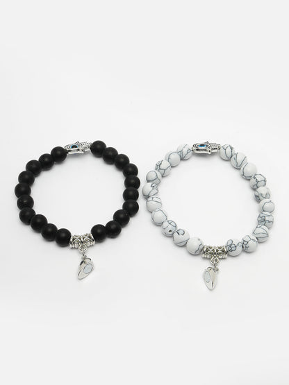 Unisex Set of 2 Black & White Marbel Crystal Bracelet