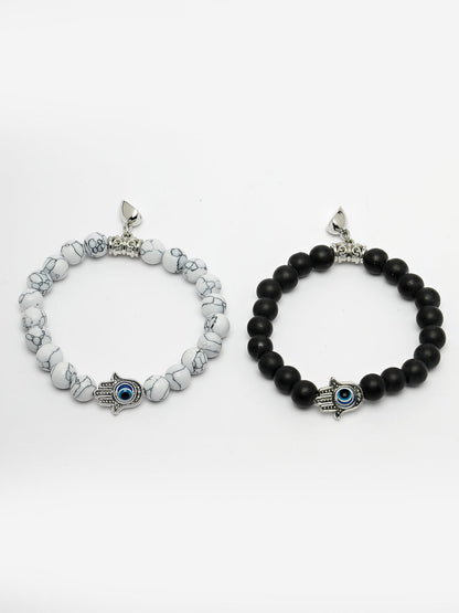 Unisex Set of 2 Black & White Marbel Crystal Bracelet