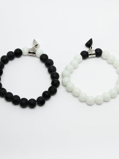 Unisex Set Of 2 Black & White Onyx Handcrafted Elasticated Bracelet
