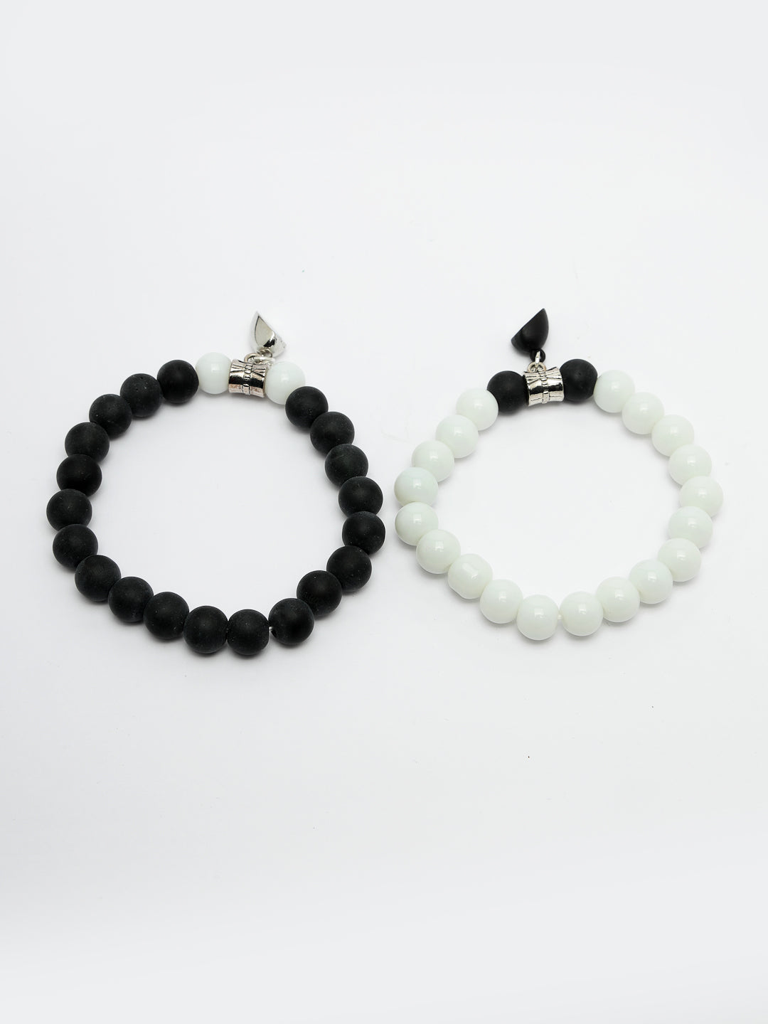 Unisex Set Of 2 Black & White Onyx Handcrafted Elasticated Bracelet