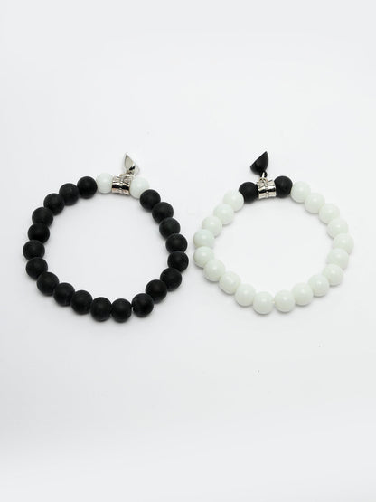 Unisex Set Of 2 Black & White Onyx Handcrafted Elasticated Bracelet