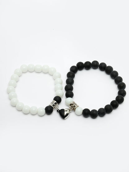 Unisex Set Of 2 Black & White Onyx Handcrafted Elasticated Bracelet
