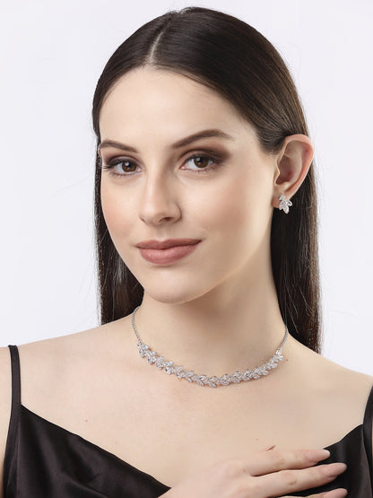 Women's Silver-Plated American Diamond Jewellery Set Necklace & Earrings