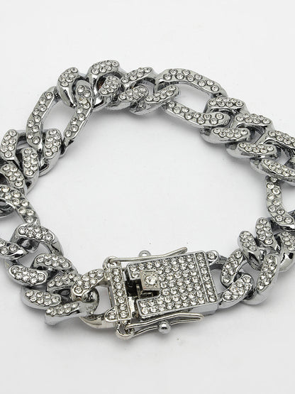 Men's Silver-Plated Stainless Steel American Diamond Studded Link Bracelet