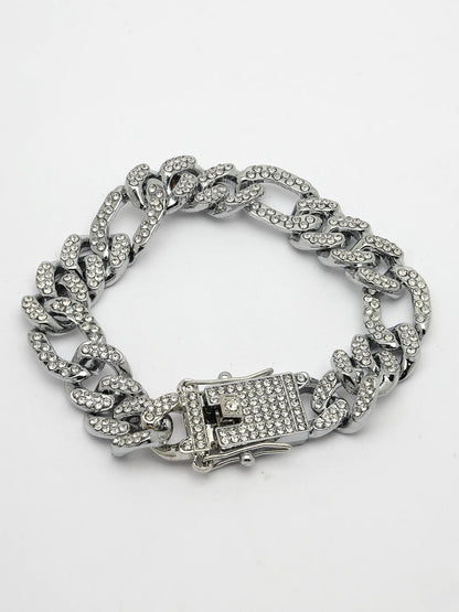 Men's Silver-Plated Stainless Steel American Diamond Studded Link Bracelet
