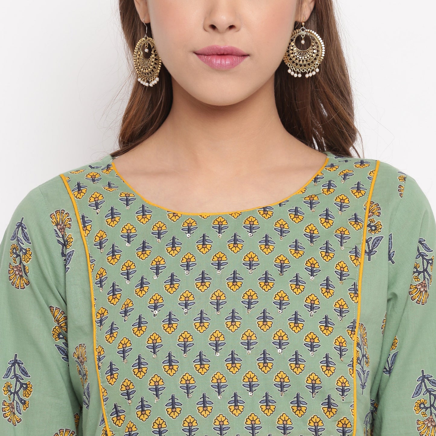Women's Floral Print Straight Cotton Pista Kurta With Palazzo