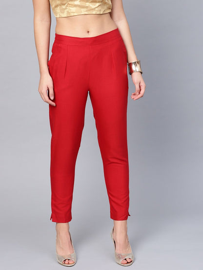 Women's Red Cotton Solid Cigarette Pants