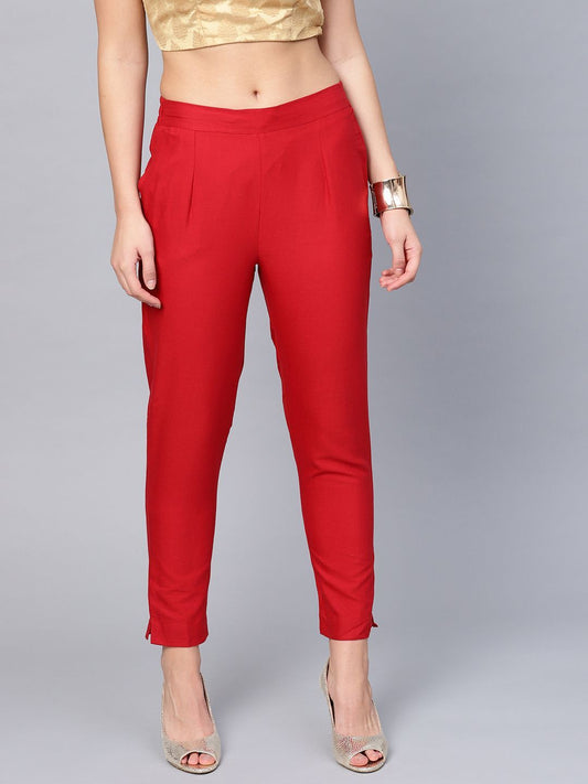 Women's Red Cotton Solid Cigarette Pants