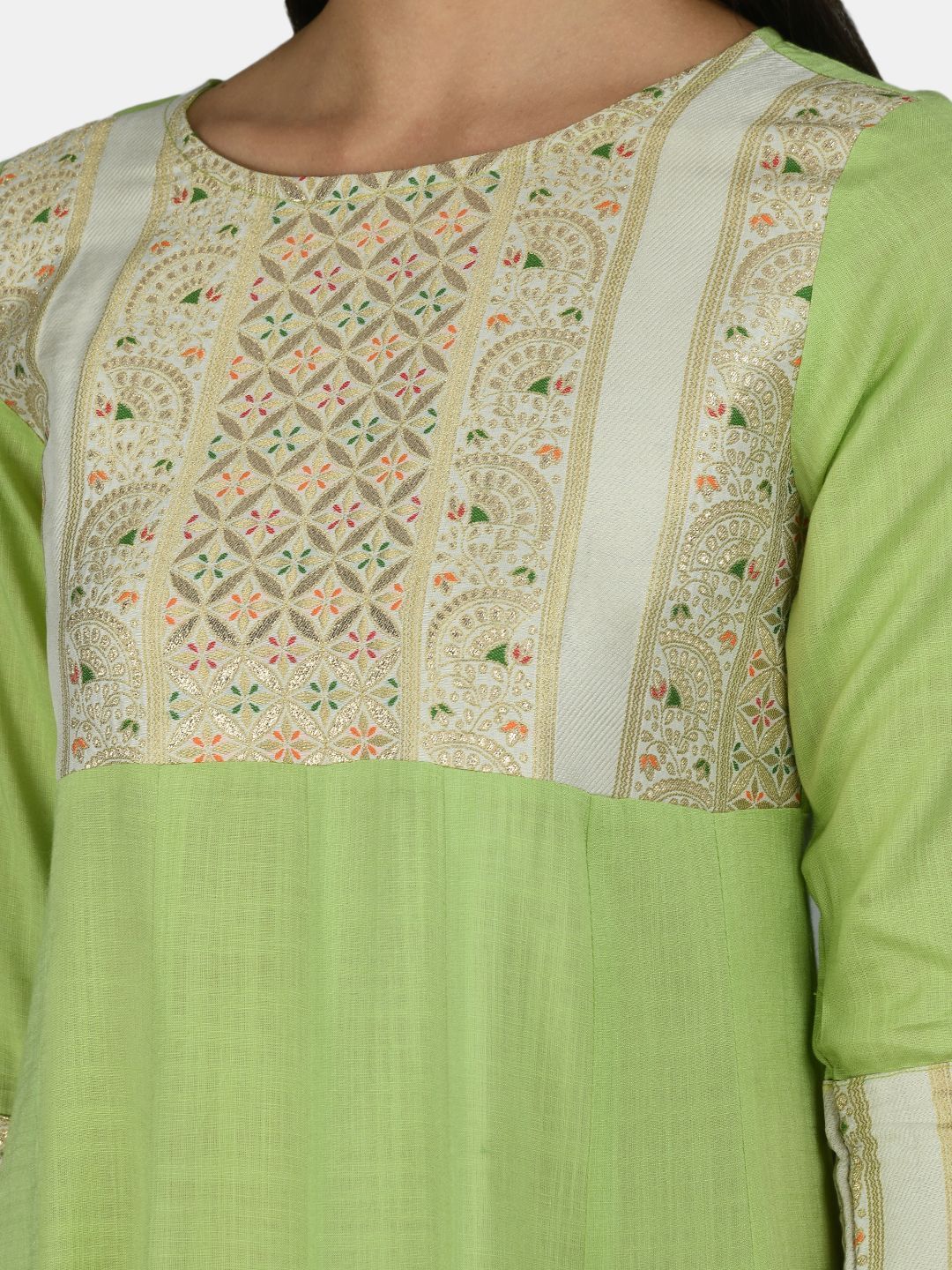 Women's Green Rayon Printed 3/4 Sleeve Round Neck Casual Anarkali Dupatta Set