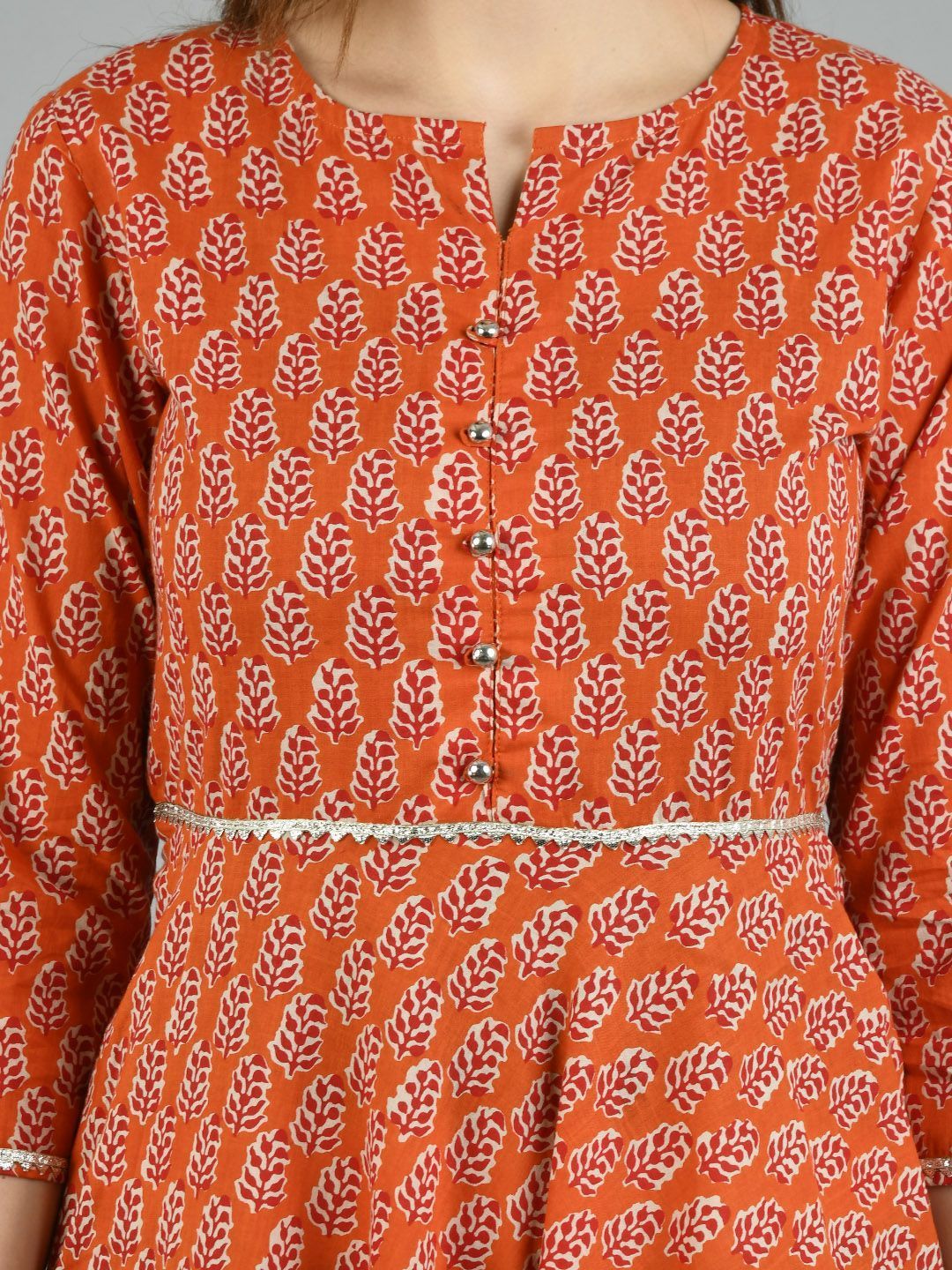 Women's Brown Cotton Printed 3/4 Sleeve Round Neck Casual Dress