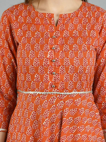 Women's Brown Cotton Printed 3/4 Sleeve Round Neck Casual Dress
