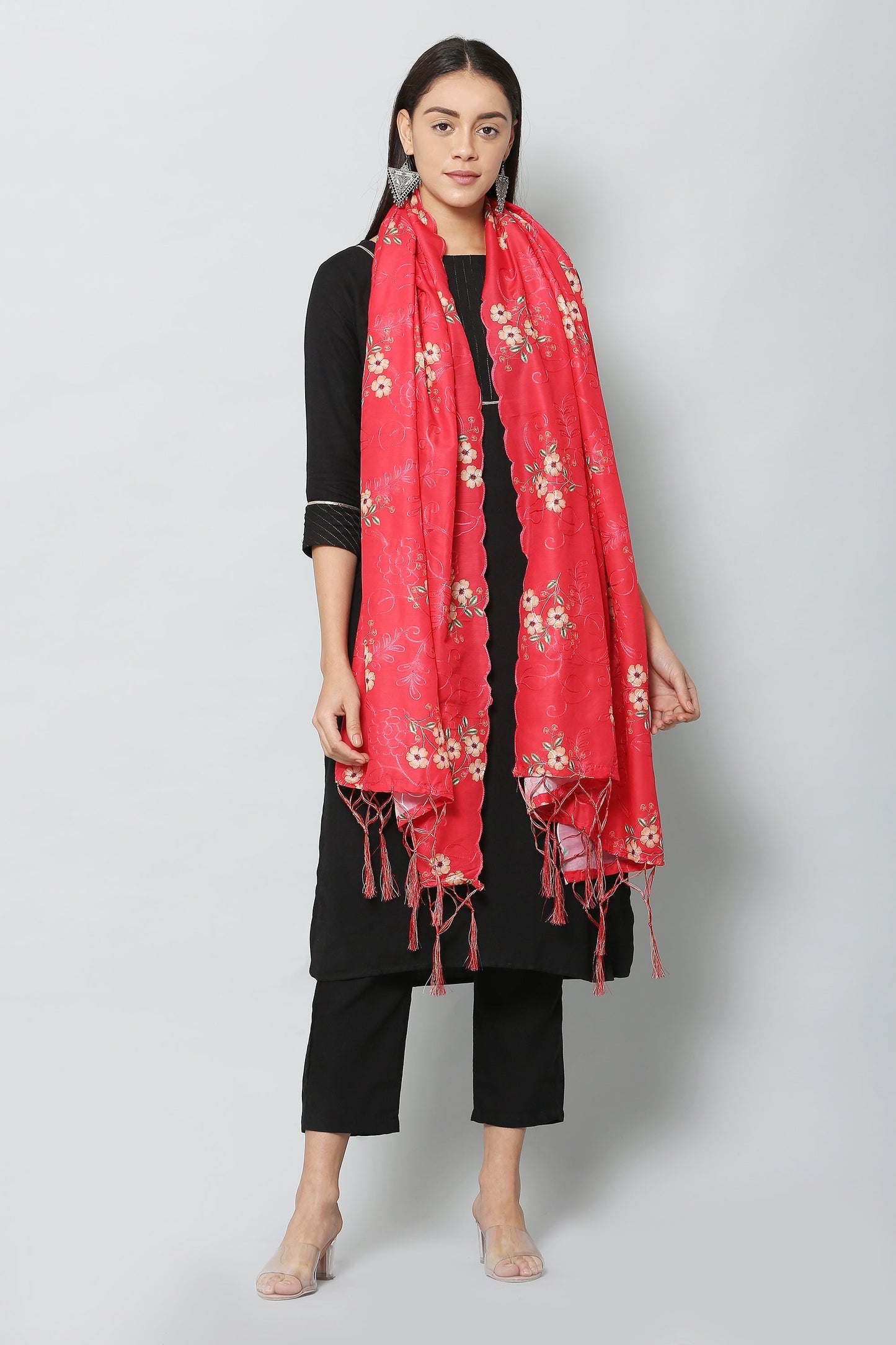Women's Red Color Art Muslin Embroidery and Digital Printed Dupatta