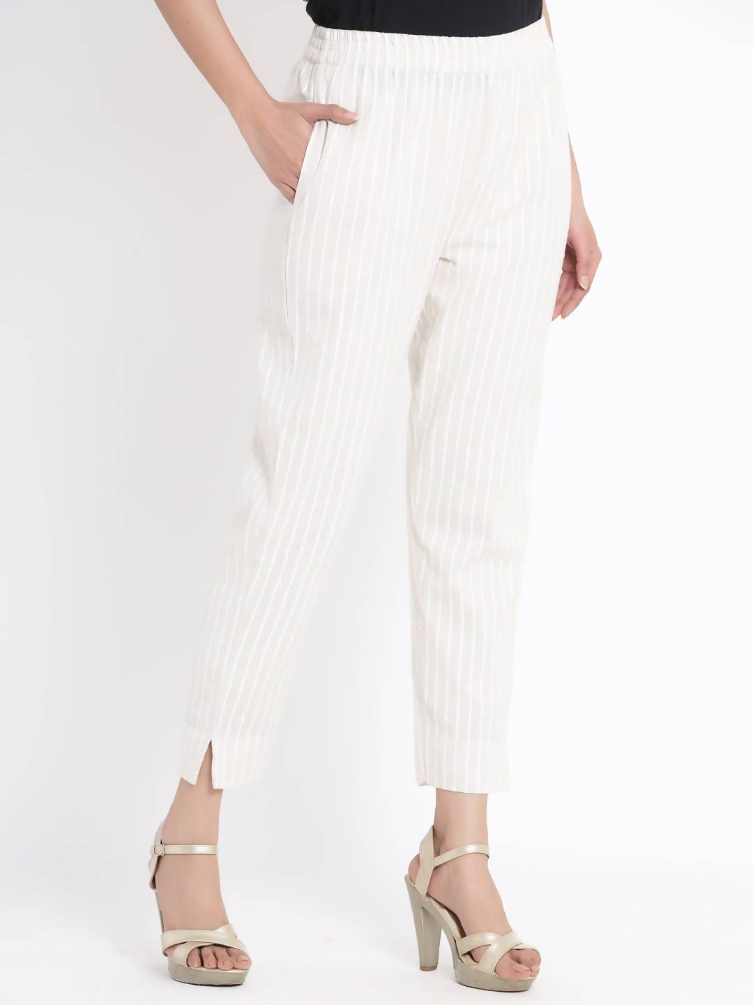 Women's Natural Cotton Flex Striped Straight Pant With Scrunchie