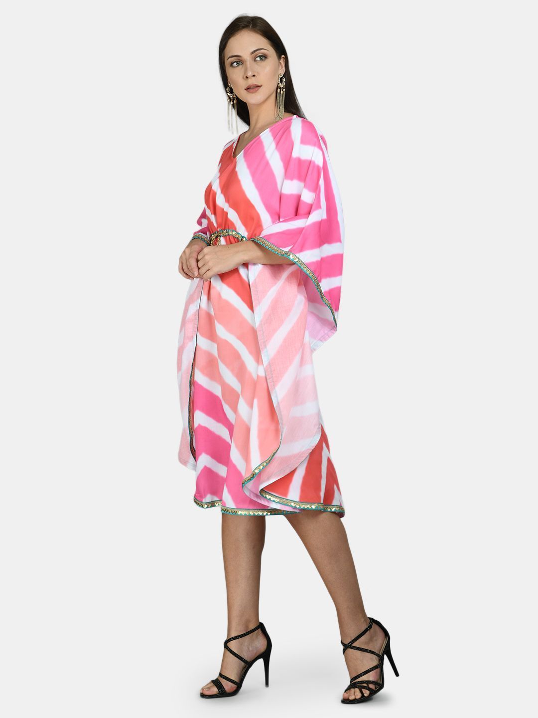 Women's Multi Polyester Printed Full Sleeve V Neck Casual kaftaan